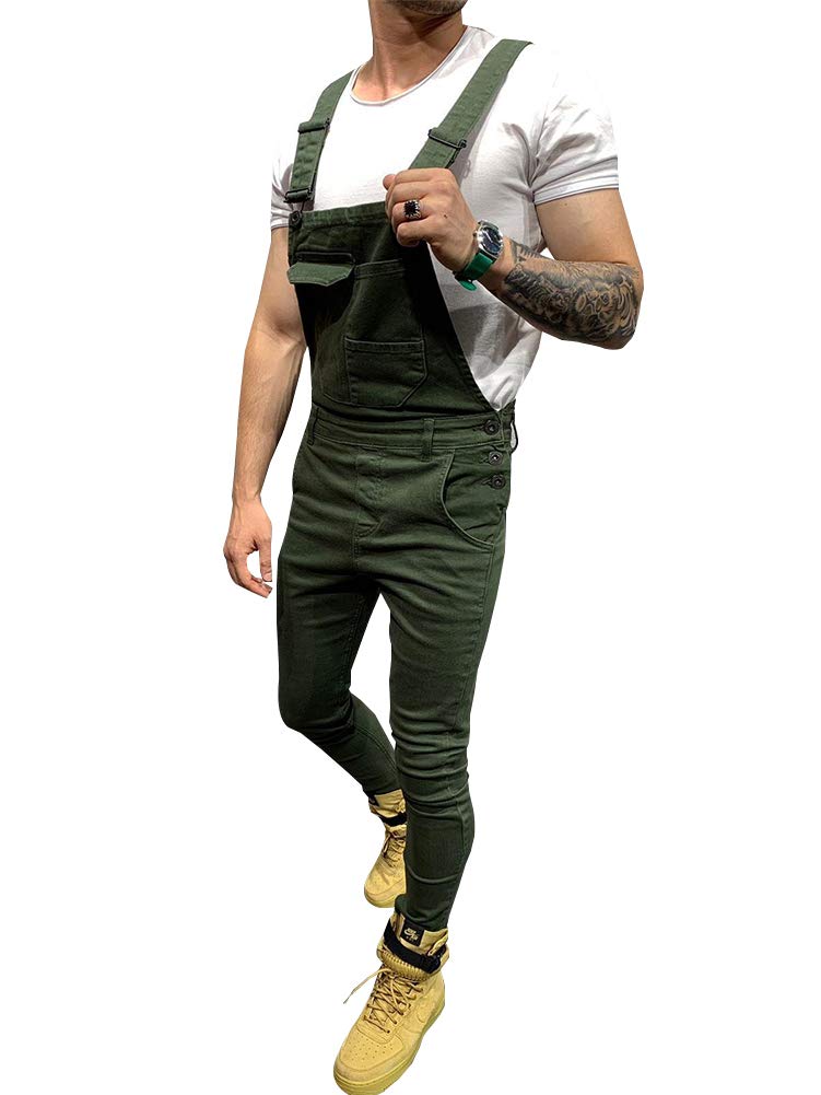 LONGBIDA Men's Denim Bib Overalls Fashion Slim Fit Jumpsuit with Pockets(Green,L) - Image 2